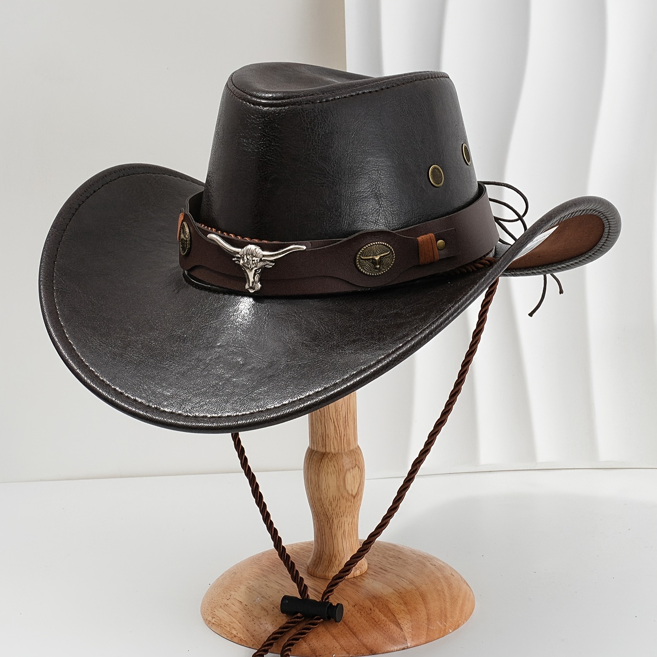 unisex faux leather cowboy hat bull metal accent brown belt  display picture 1