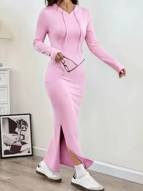 hoodie dress with side slits Kmonabie Hoodie Dress for Women Long Sleeve Casual Knit Dress Loose Midi Dress Side Slit Solid Pullover Tunic Dress, Khaki 3XL
