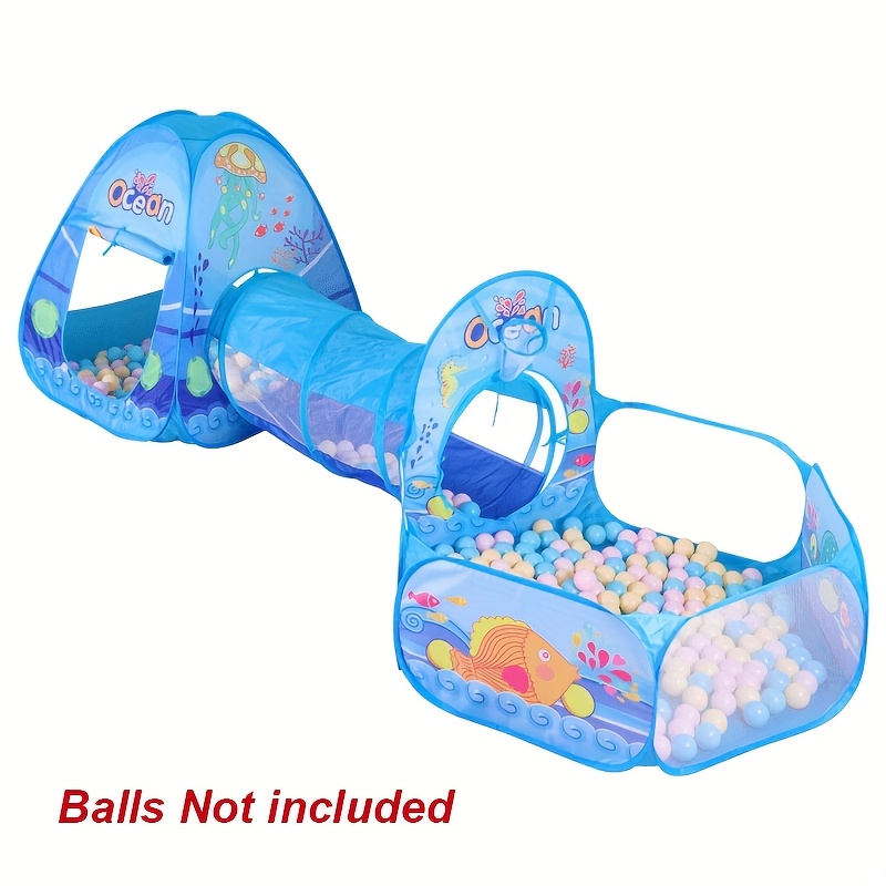 3-delige Blauwe Oceaan Thema Kinderballenbak Set met Glijbaan-achtige Tunnel & Koepelhoes