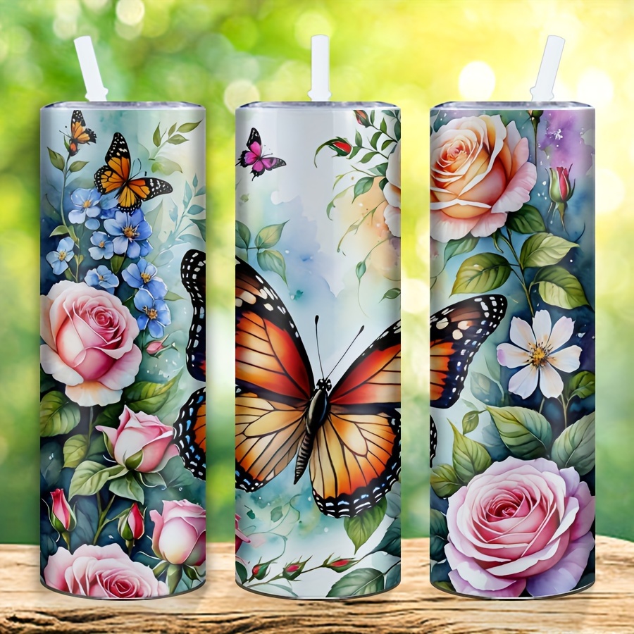 

20oz Stainless Steel Coffee Tumbler With 3d Rose & Butterfly Design - Portable Travel Mug With Lid And Straw, Perfect For Outdoor, Camping, Car Use - Ideal Mother's Day, Birthday Gift