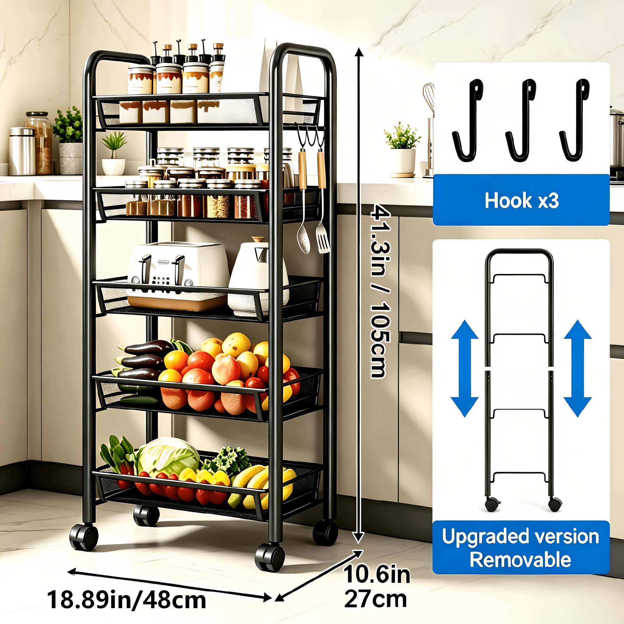 TEMU Carbon Steel 3/4/5 Roller Storage Cart, Multi-functional And Large Capacity With Hooks, Suitable For Home Storage. It Has A Detachable Storage