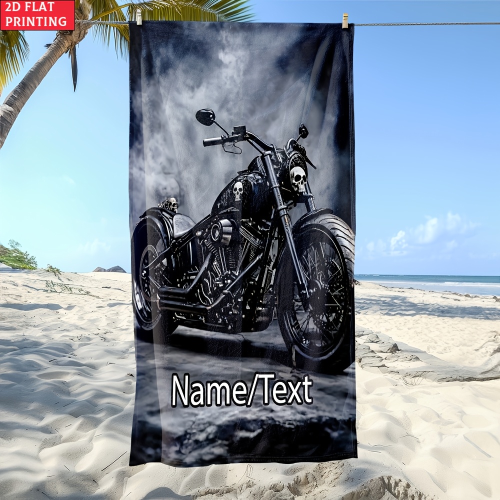 TEMU 1pc Custom Name Black Motorcycle In Smoky Scene. Beach Towel - Soft, Ultra-absorbent Microfiber, Lightweight, Beach, Parties, Travel, Camping -