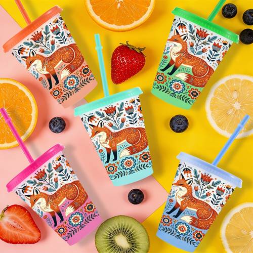 10pcs 16oz 475ml color changing plastic tumblers with lids straws suitable for iced coffee cups leakproof cups with fox floral for drinks for parties holiday gifts for