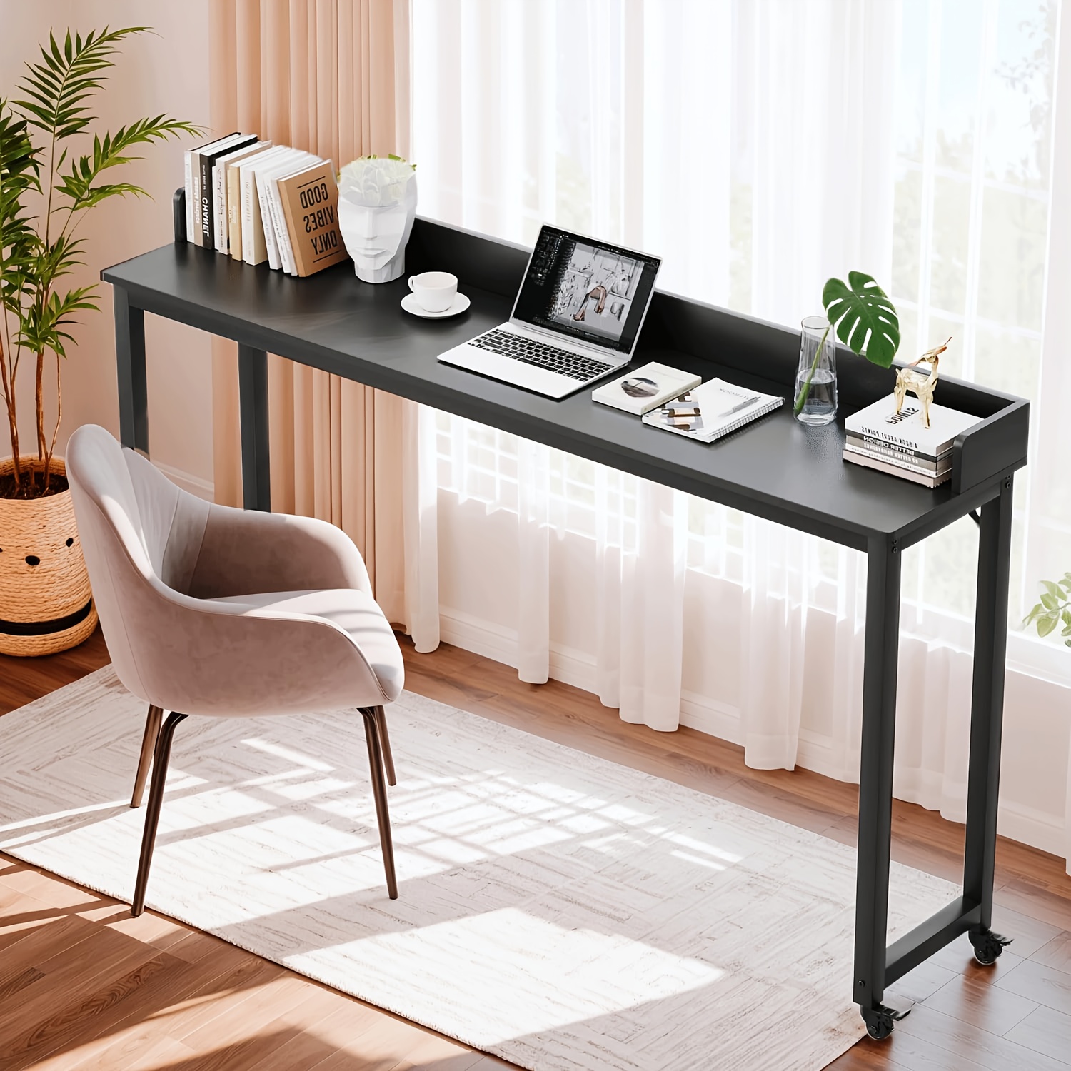 Mobile Overbed Table, Queen Size Heavy-Duty Bed Desk with Lockable 360° Wheels, Wide Workstation Computer Desk with Heightened Baffle Frame & Wood Tabletop, Suitable for Hospital Nursing