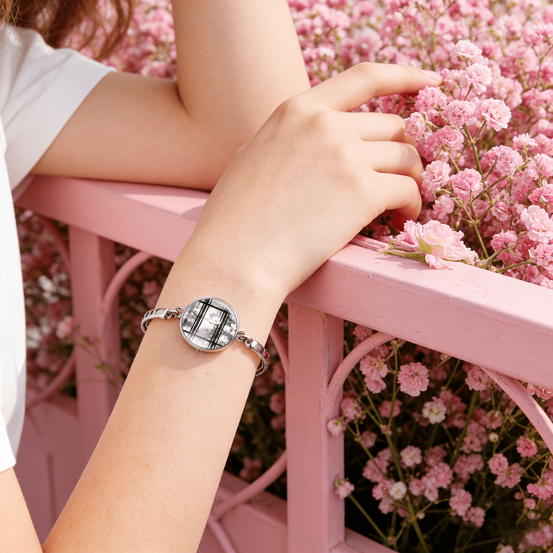 Adjustable Bangle with Round Time Gemstone Inlay, Floral Design