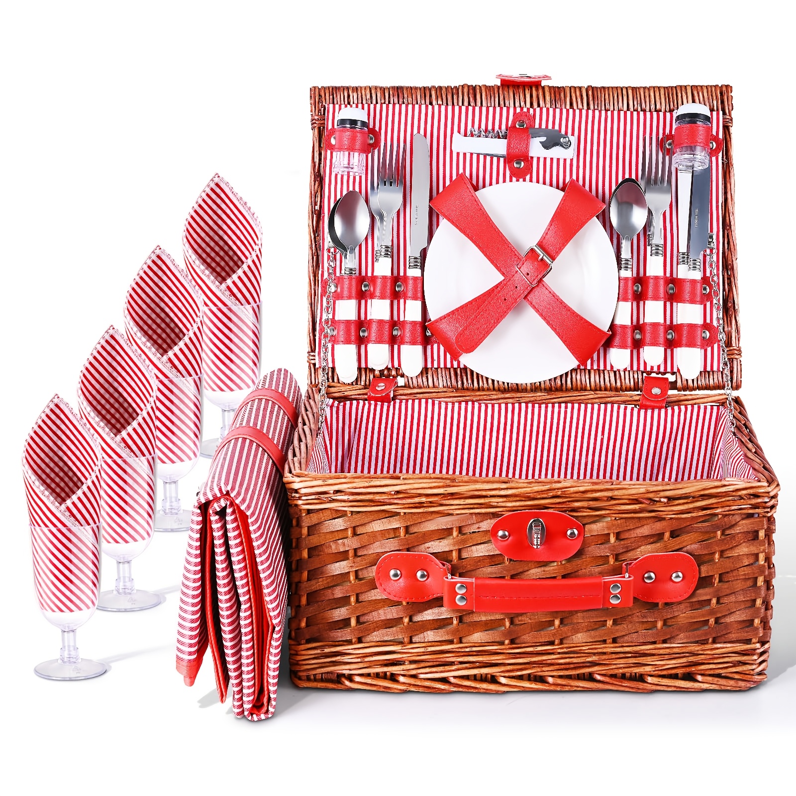 Image of Picnic Basket Set For 4 With Blanket, Handmade Rattan Hamper For Camping, Outdoor, Party, Beach, And (pink) Non-food Direct Contact