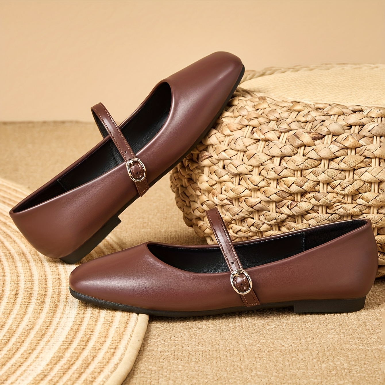 Platos Mary Jane Marrones para Mujer Elegantes Zapatos de Ballet Sin  Cordones con Correa y Cubierta de PU para Noche