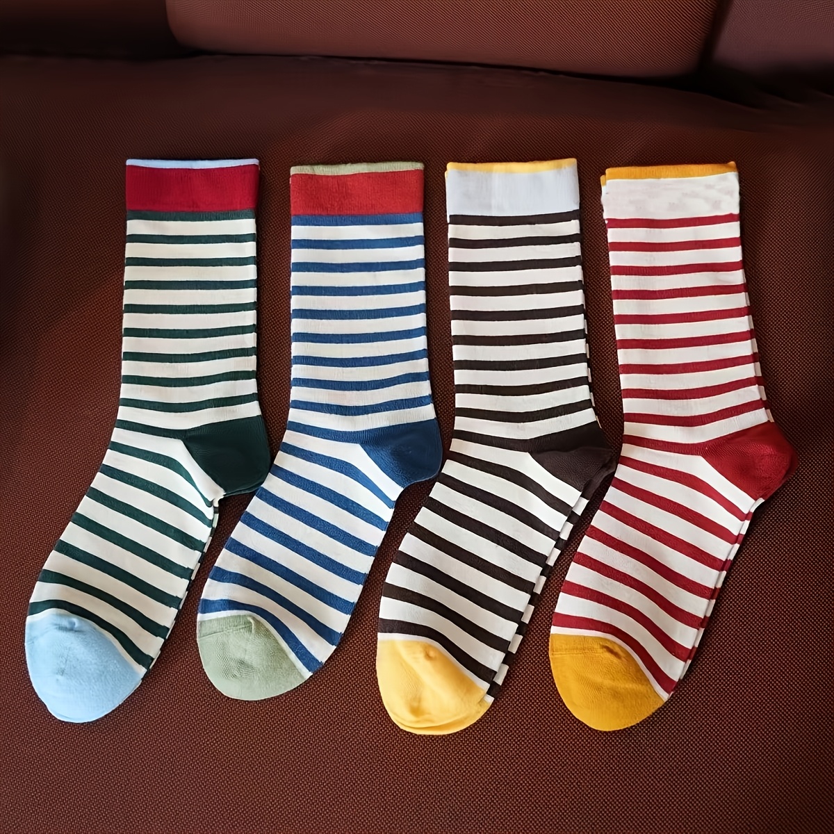 TEMU 4 de calcetines de media caña con diseño minimalista japonés a rayas y colores de para mujer, perfectos para un look casual