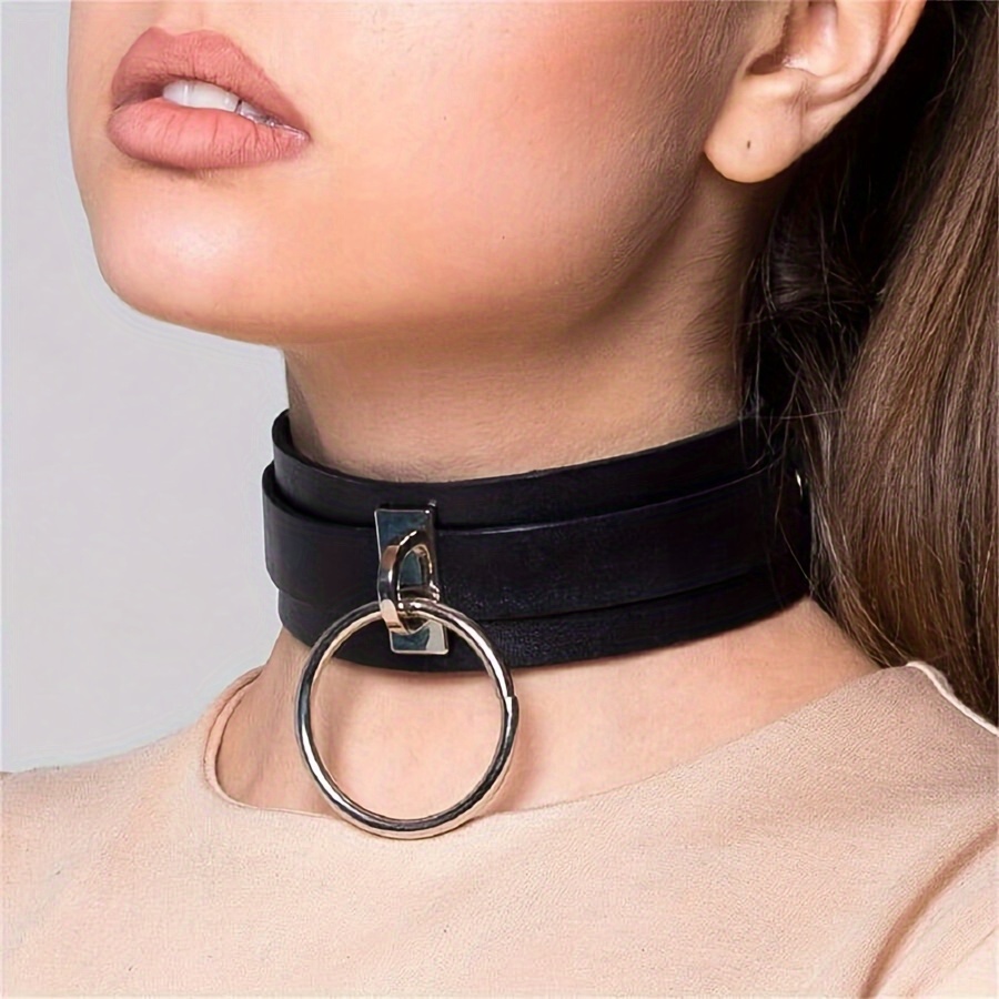 

Women's Pu Leather Choker Neckband With O-ring - Cute Y2k Harness Style Collar Necklace For Night Out, Weekend Casual, Festivals, Weddings, Parties - Fashionable Rivet Detail, Non-textile, 1 Size