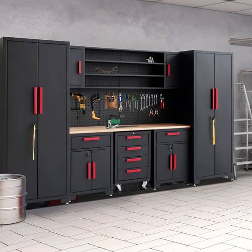 set of 9 workshop cabinets with a pegboard in black featuring a workbench ideal for tool organization with steel cabinets drawers shelving and a rolling chest brand new