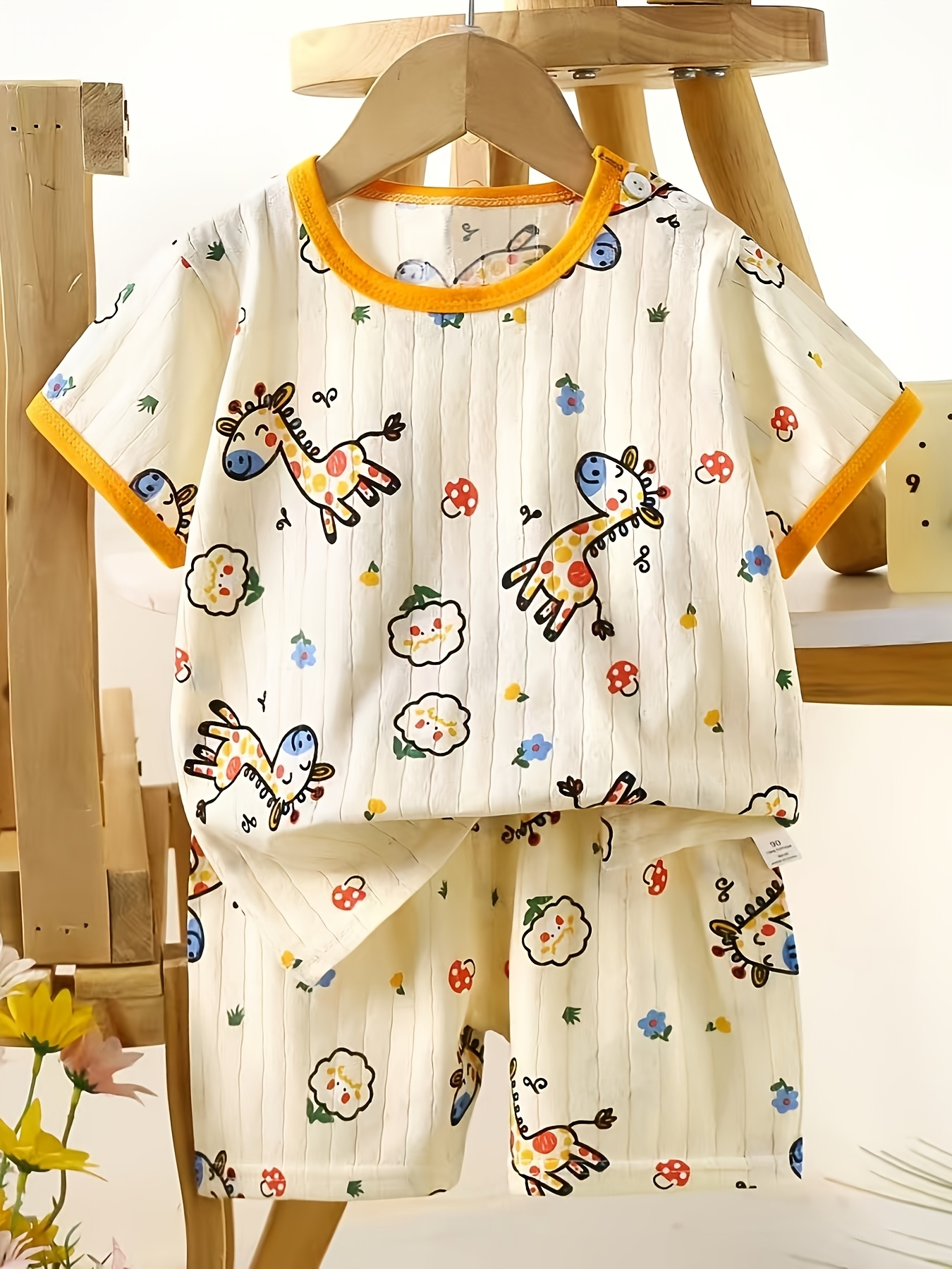 item picture childrens summer 2pcs set cartoon giraffe print short sleeve t shirt and shorts boys daily   wear