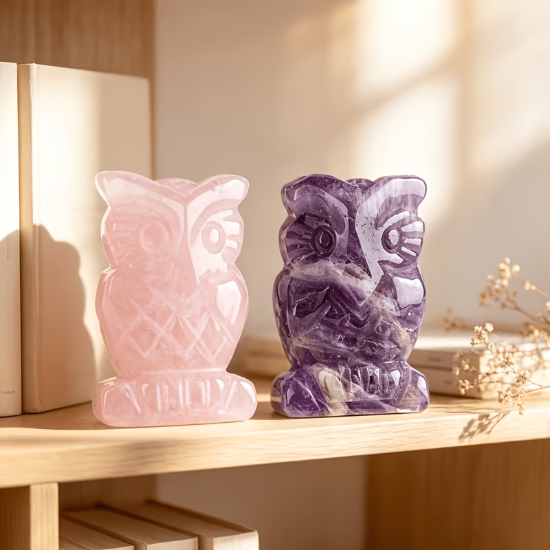 TEMU 2pcs Hand-carved Natural Crystal Owl Ornaments, Desktop Decor, Made From Amethyst And Rose Quartz, Pocket Jewelry, Suitable For Home Decor,