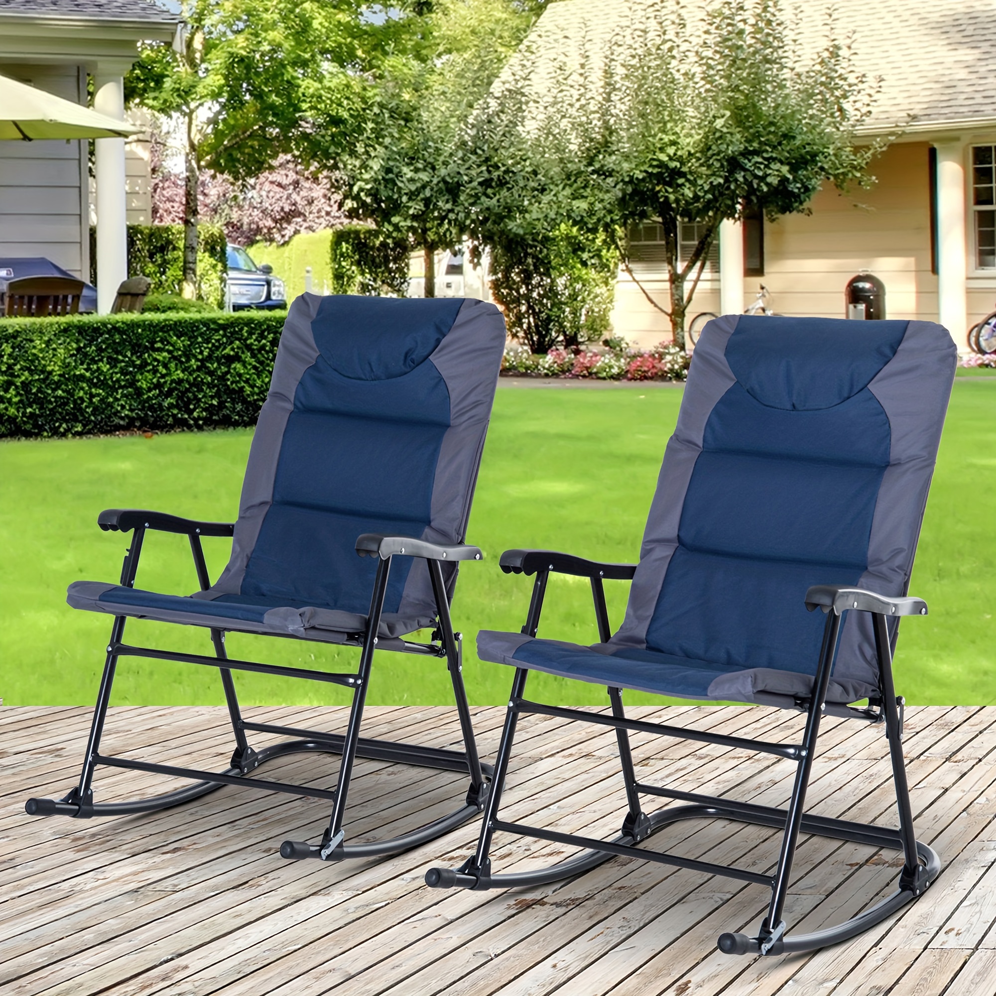 

Outsunny 2 Piece Outdoor Patio Furniture Set With 2 Folding Padded Rocking Chairs, Bistro Style For Porch, Camping, Balcony, Navy Blue