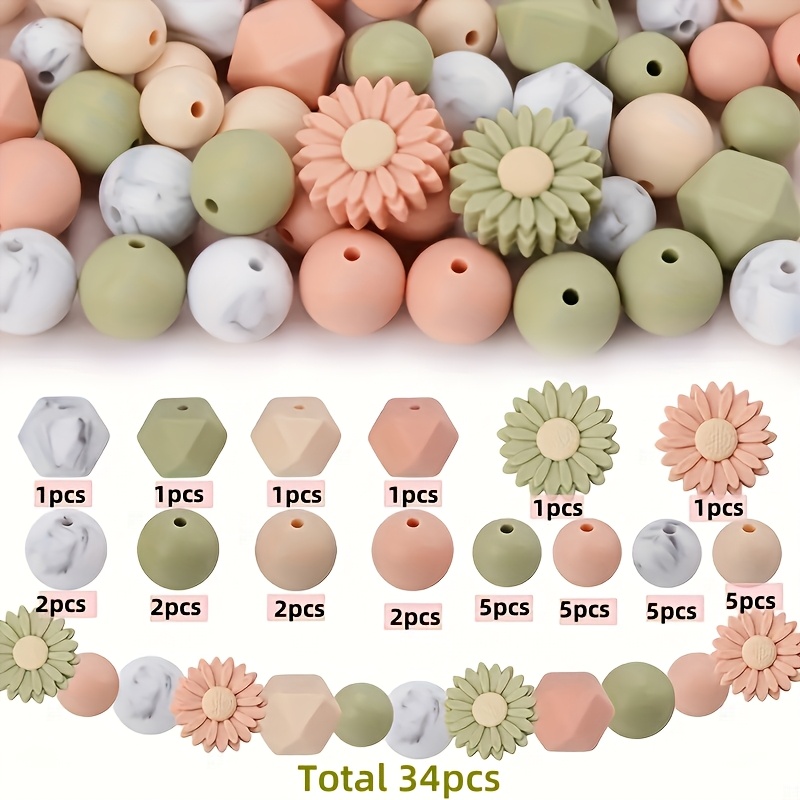 E-shop 34-teiliges Gänseblümchen Silikonperlen Set - Mehrfarbige runde und hexagonale Spacer Perlen in 12/15 mm, geeignet für Schmuck, Halsketten,