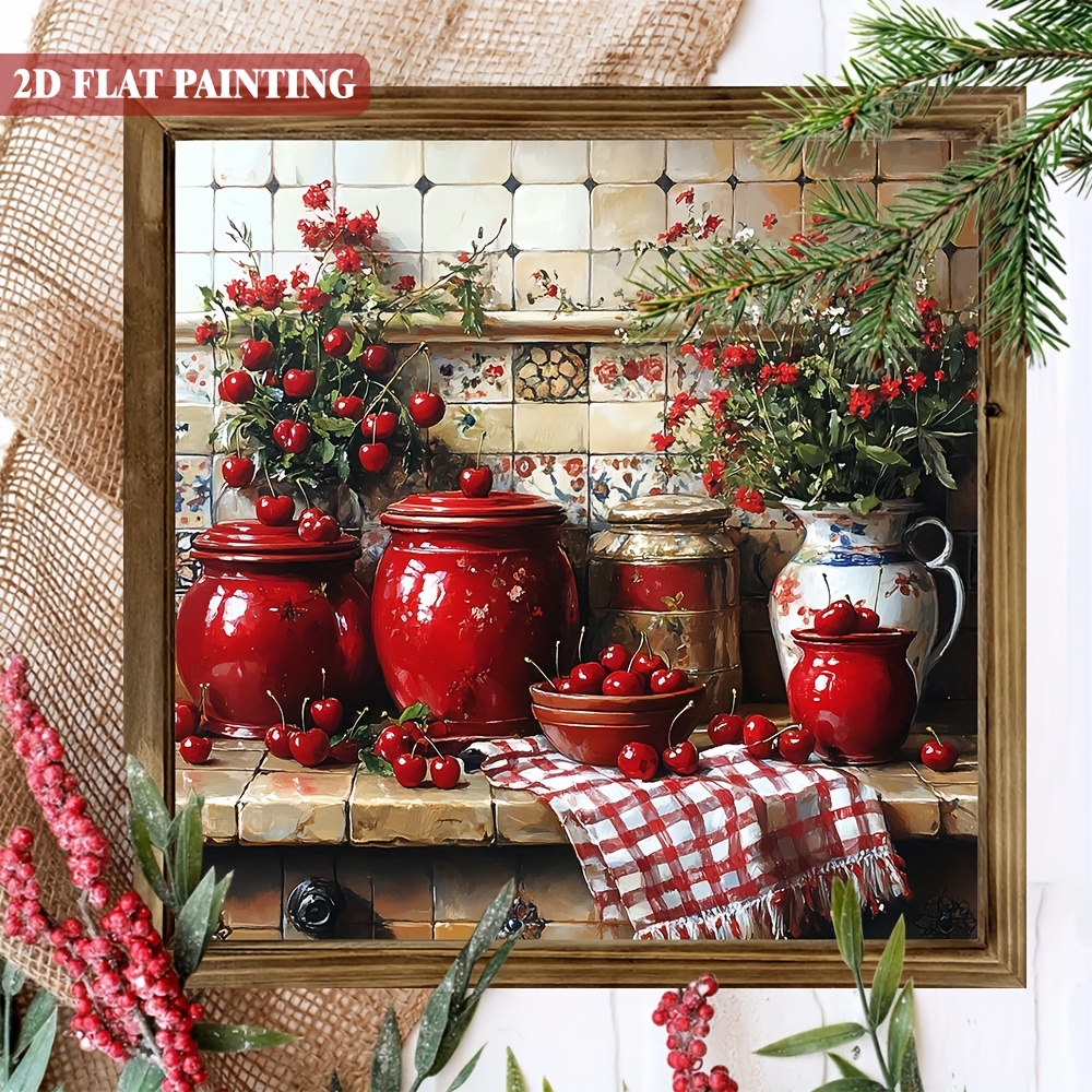 TEMU 2d Flat - Farmhouse-style Wooden Sign Featuring Red Cherries, Perfect For Kitchen Decor. This Framed Decorative Piece Is Ideal For Living Rooms,