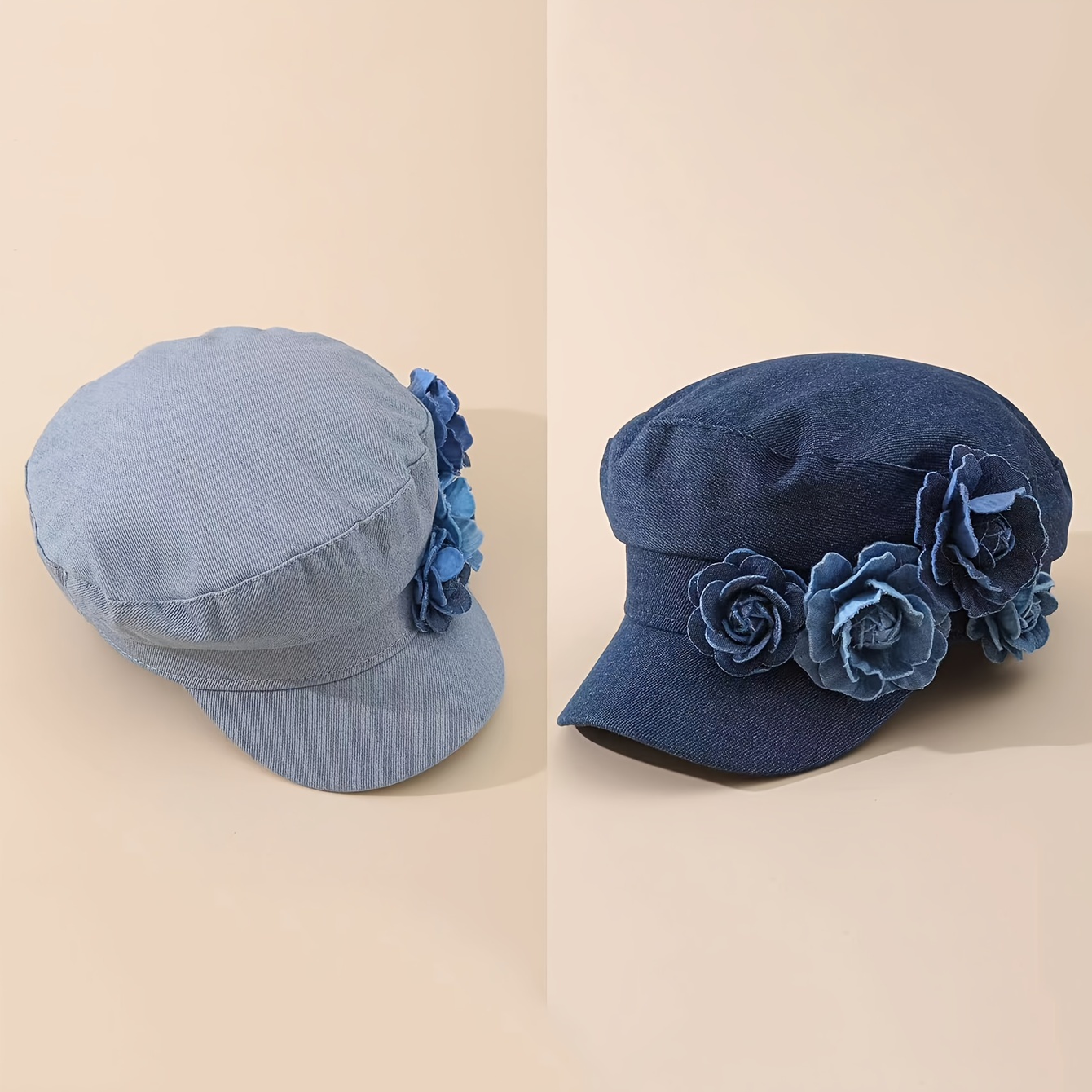 

Women's Polyester Denim Beret With Decorative Flowers - Elegant Sweet Style Flat Top Navy Cap For Large Head Sizes, Sun Protection, Non-stretch, Woven Craftsmanship For New Year's Occasions - 57cm