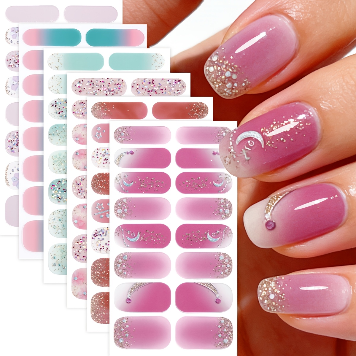 Image of 6sheets Glitter Nail Polish Strips, Spring/summer Season Colour Heart Gradient Self-adhesive Nail Full Wraps, Easy To Manicure, Suitable For Women' Home Diy Nail Stickers