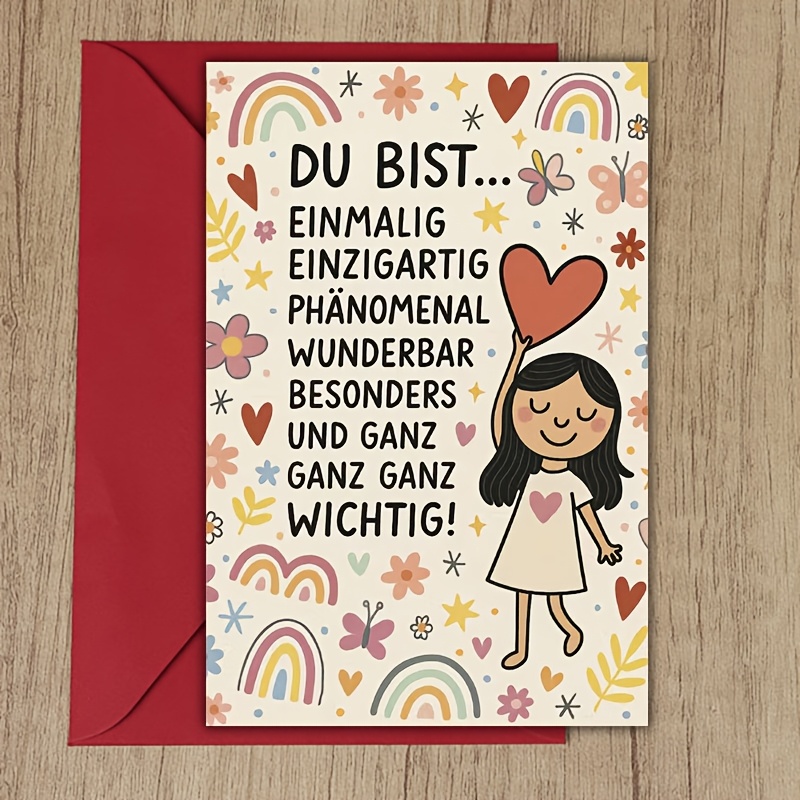 1 German Quote Card - "du Bist... Sehr " (you Are ) - Rainbow And Love, Pattern, Suitable For , Family, And Colleagues - German Positive Affirmation Card