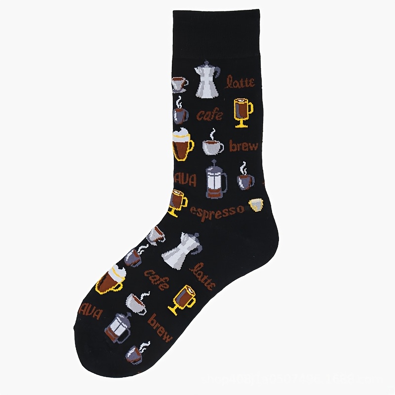 TEMU A Pair Of Men's Mid-calf Socks Featuring A Coffee-themed Design Stylish And Unique. Black Socks Are Breathable And Comfortable, Perfect For
