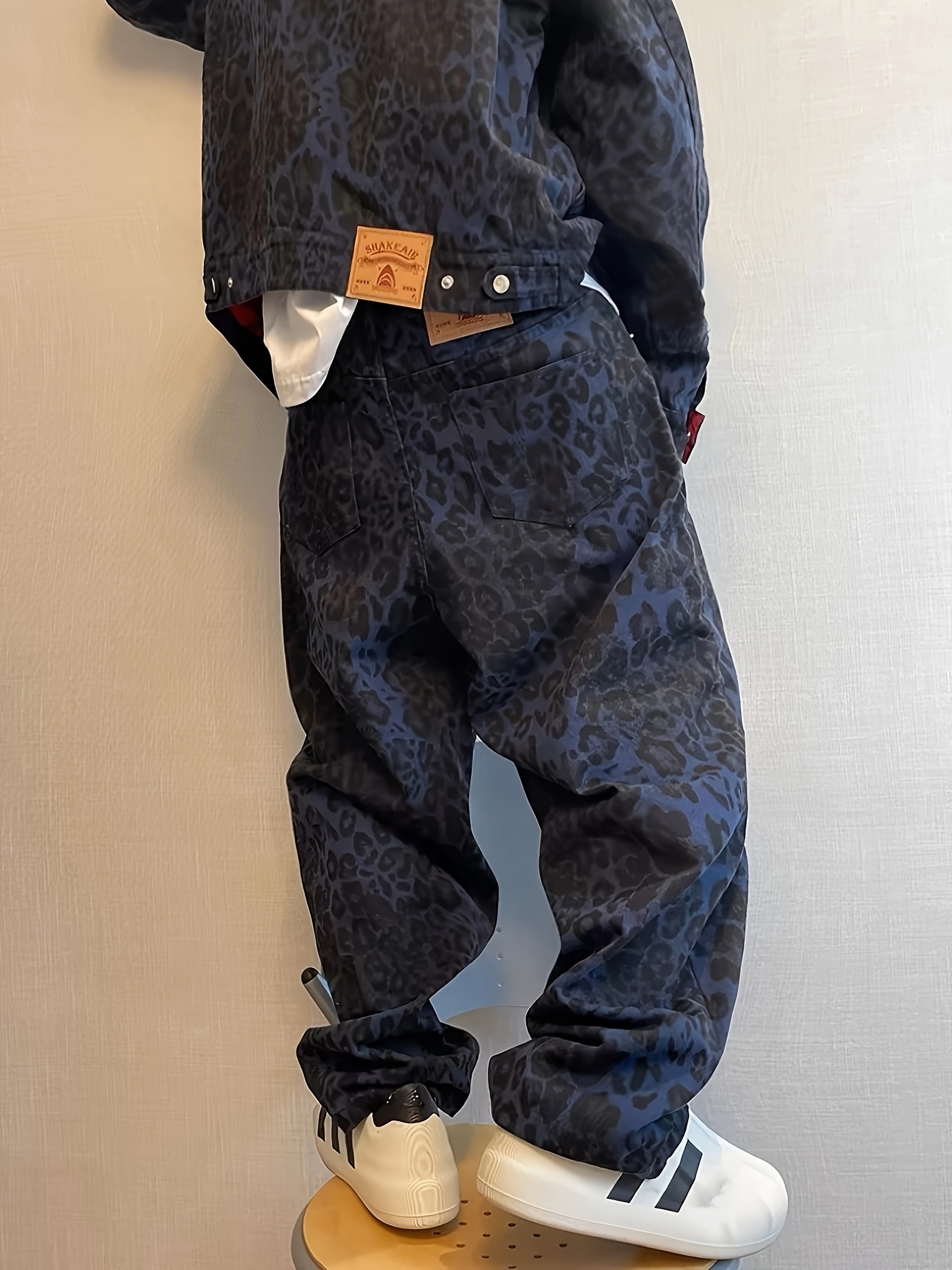 men's stylish leopard print denim jeans casual streetwear
