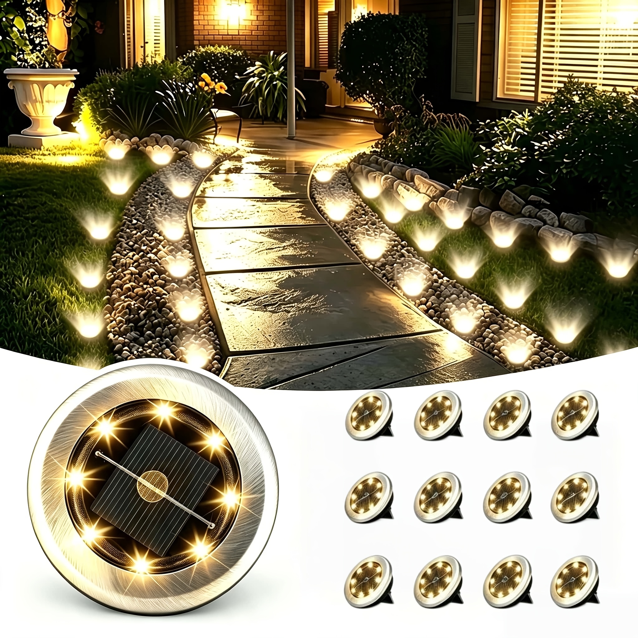TEMU 4/8/16 Pack 8 Led Stainless Steel Solar Ground Lights, Ip55 Outdoor Landscape Lamps, Cool/warm White For Lawn Courtyard Balcony Pathway Walkway