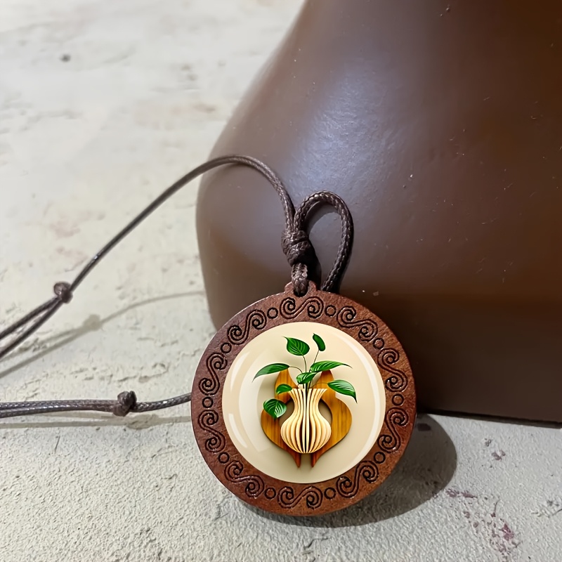 Women's Vintage Green Leaf Wooden Necklace, Minimalist Gift