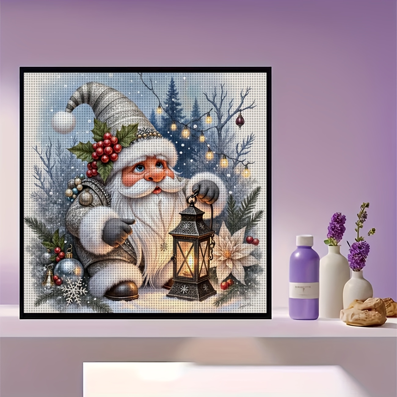 Printed DIY Cross-Stitch Kit, Christmas Elf Lantern Design
