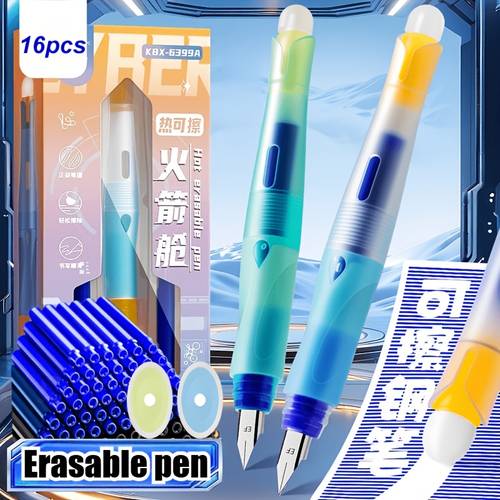 16pcs erasable fountain pen set with 12pcs refills 2pcs eraser 1pc pen and 1pc pen nib moisturizer rocket shaped ink flow thermal erasable for daily writing exams back to school supplies