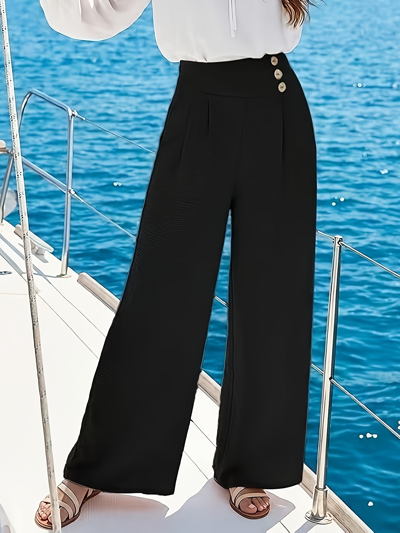 womens high waisted wide leg pants thin and draping for summer with invisible zipper and button decoration loose and long pants