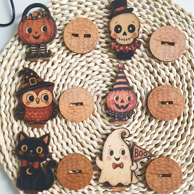 TEMU 6pcs Retro Halloween Wooden Ornaments, Pumpkin Black Cat Witch Owl Shapes, Vintage Home Decor For Family, Parties, Farmhouse Style, Perfect Gift