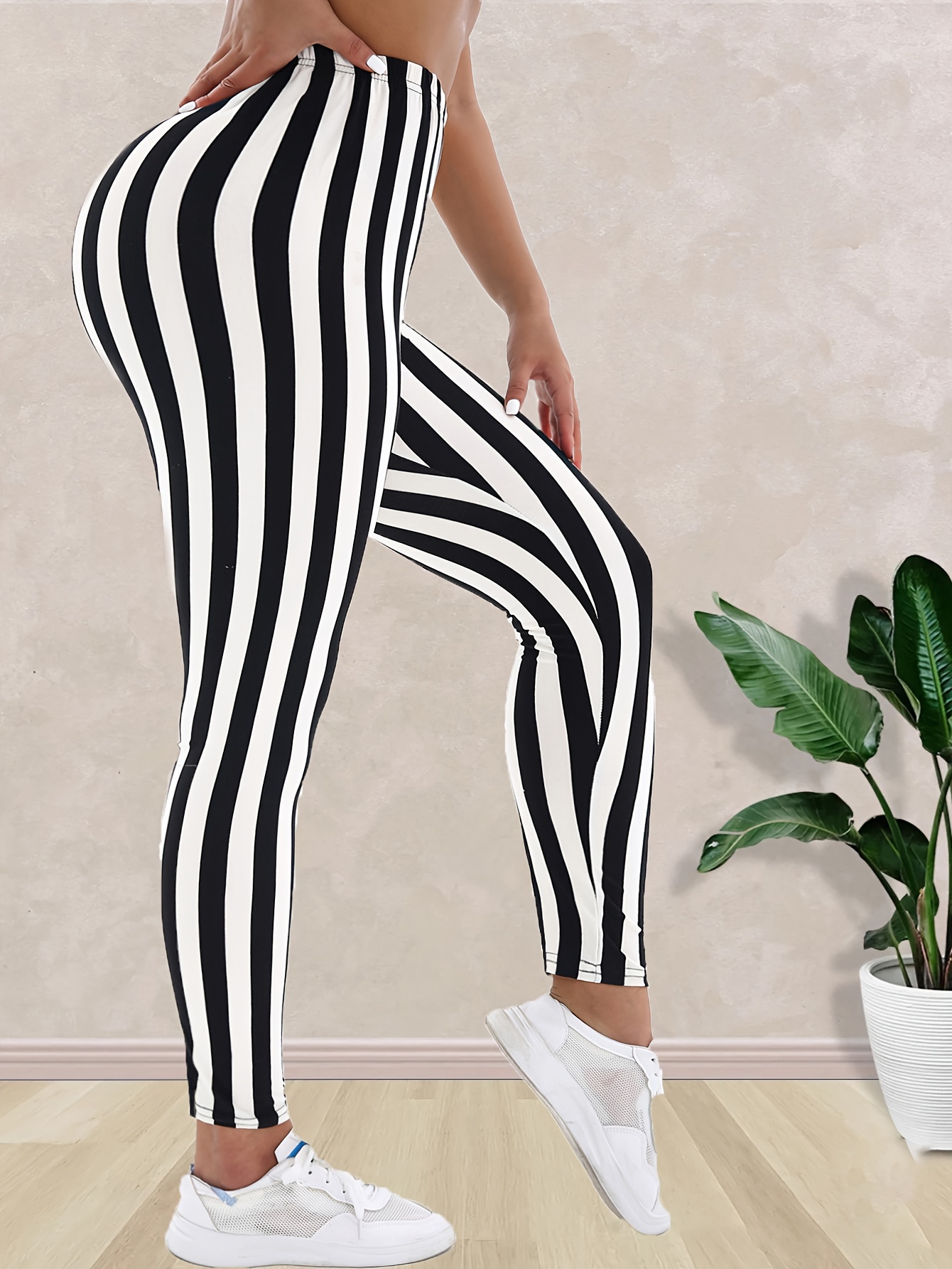 Women'S High Waist Striped Polyester Spandex Leggings, Casual Stretchy Cropped Skinny Pants, Knit Fabric, for All-Season Comfort, Weekend Casual Wear