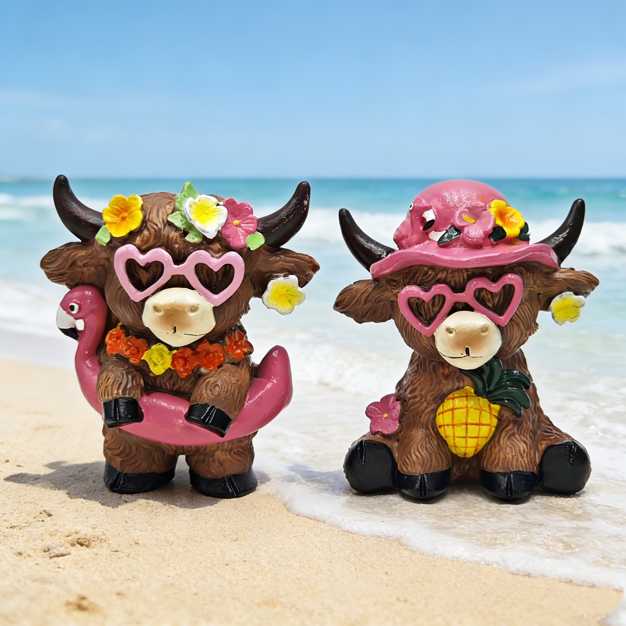 Set Of 2 Hawaiian Figurines Decoration Summer Flamingo Resin Statue