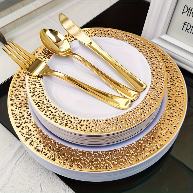  Platos de plástico de lujo de 125 piezas desechables, color  blanco, rosa y dorado con cubiertos, vajilla elegante para bodas, fiestas  de vacaciones, China, juego de 25 platos de cena +