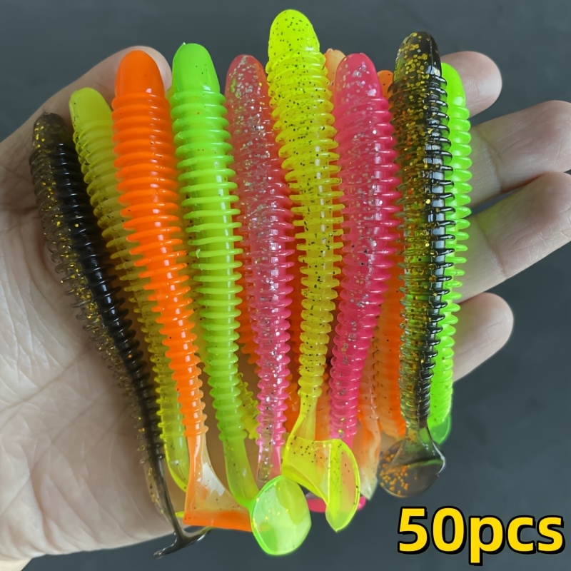 

50pcs Soft Fishing Lures, Spiral Tail Swimbaits, Pvc Material,, Artificial Baits For Bass Fishing