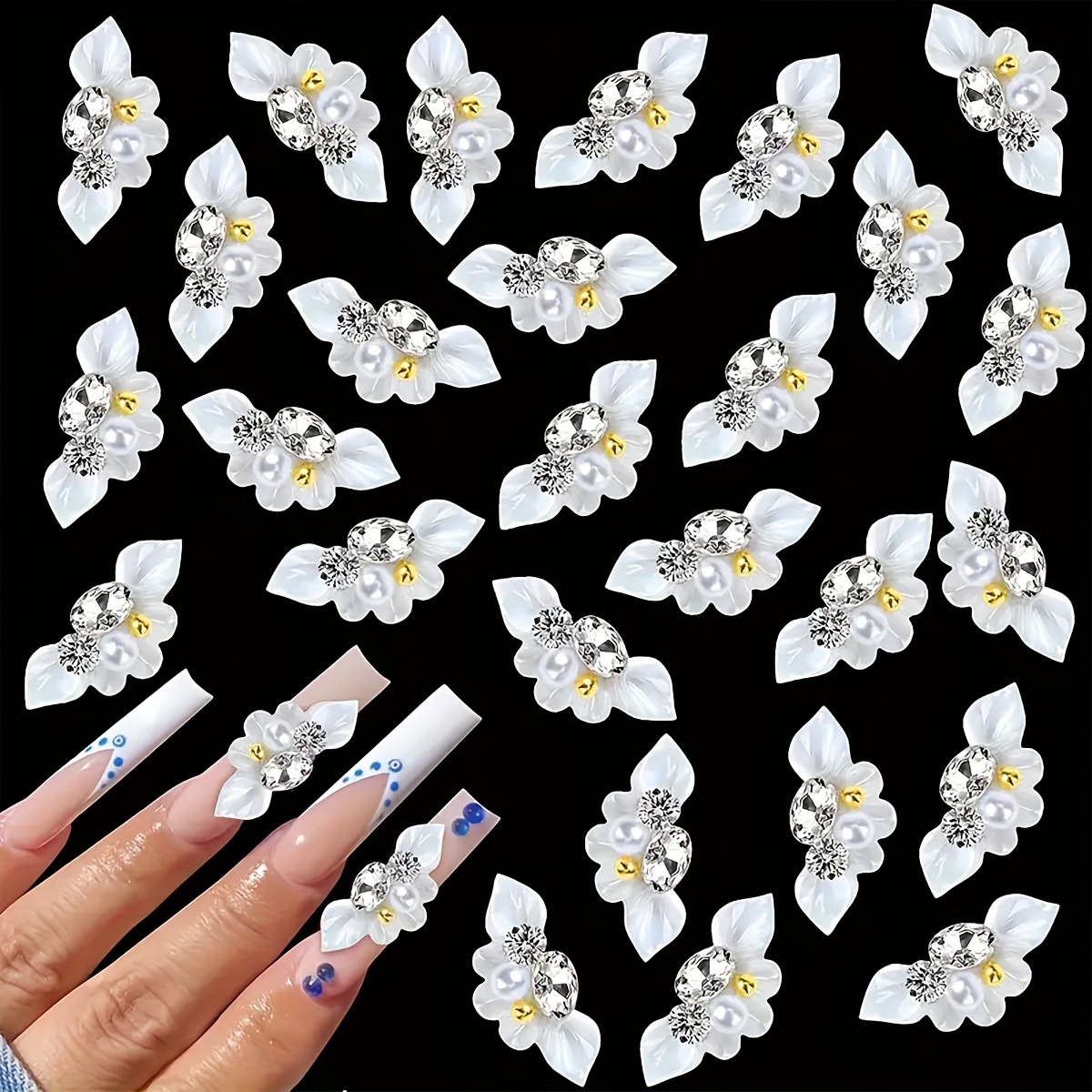 

10pcs 3d Flower Nail Charms Set With Pearls & Rhinestones - Elegant Nail Art Accessories For Women And Girls,