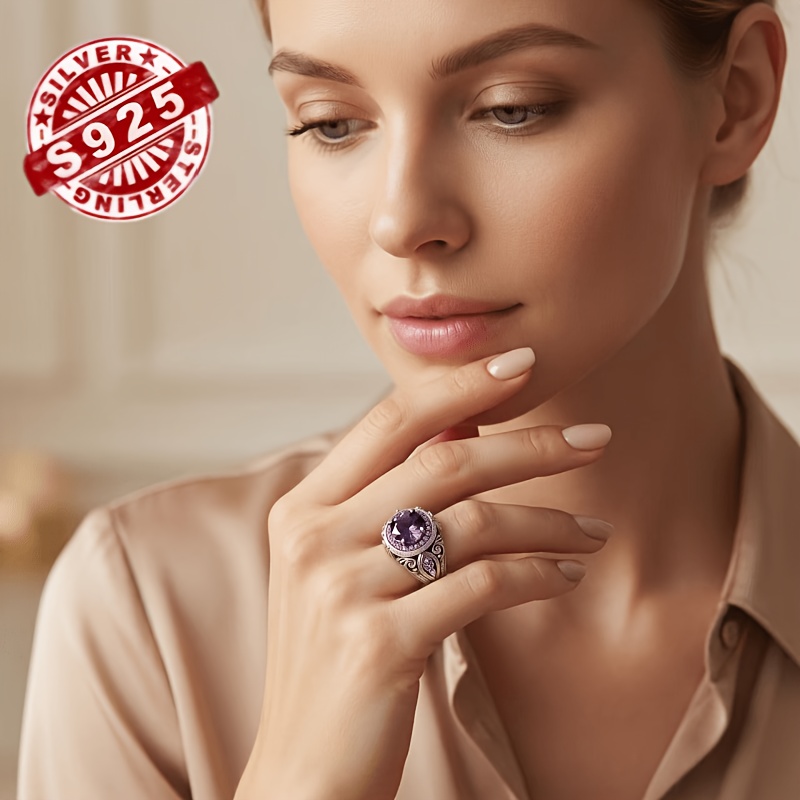 S925 Silver Retro Palace Style Purple Natural Stone Ring