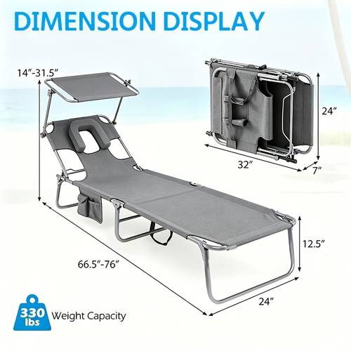 outdoor folding chair tanning chair with a sunshade and adjustable chair suitable for outdoor sunbathing poolside or lawn use upf 50 windproof sunshade washable with a load capacity of 440 outdoor