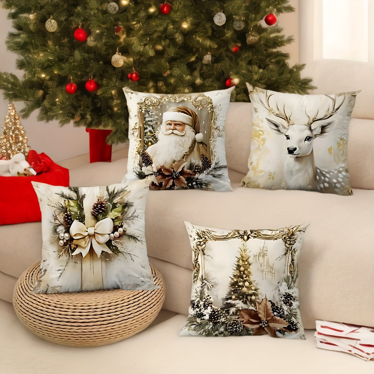 

4pcs Santa Bow Pillowcase Comfortable Pillowcase Sided Christmas Bedroom Sofa Bed Decoration