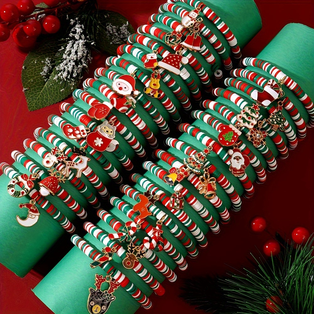 

32 Pcs Christmas Bracelet Suit Lady, Charm Bell Christmas Pendant Bracelet, Handmade Stackable Clay Bead Bracelet, Christmas Party And New Year Gift