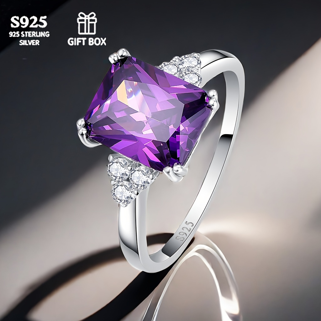 

Women's Fashion Personality Creative Claw Set Square Purple Stone 925 Silver 2.56 Carat Engagement Ring With Good Wishes Meaning (gift Box)