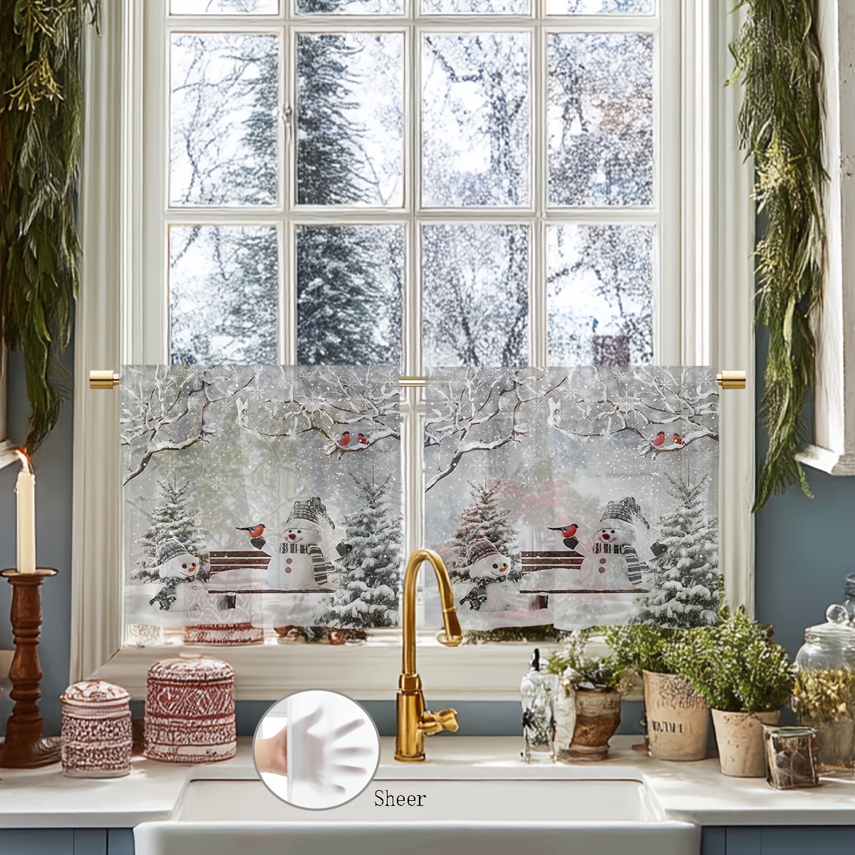 TEMU 2pcs Polyester/machine Washable Sheer Semi-transparent Short Curtains, Modern Minimalist Winter Snow Scene Pattern, Christmas Winter Kitchen