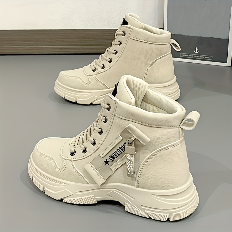 Botas altas de plataforma ligeras para mujer, con suela acolchada gruesa, cierre lateral con cremallera y cordones, sintéticas de cuero sintético para todas las estaciones, tenis urbanos para senderismo, running y moda urbana