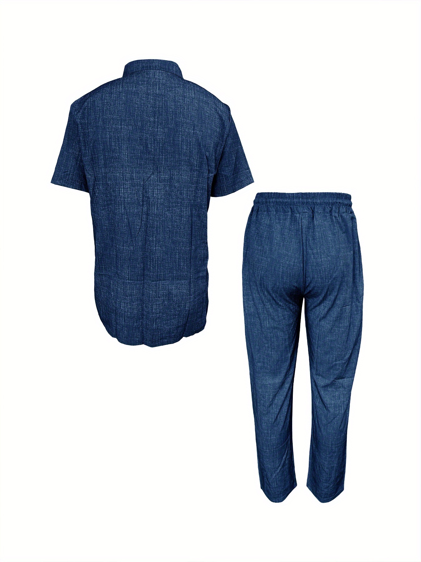 European and American new Men's fashionable and comfortable short-sleeved stand-up collar shirt set striped texture fabric stand-up collar short sleeve shirt and casual trouser set