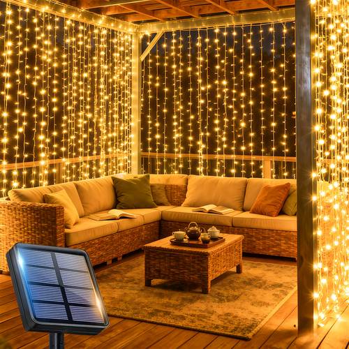 solarbetriebene lichterkette für den außenbereich, 300/200/100 led garten dekoration vorhang lichterkette, 12 beleuchtungsmodi, automatisch nachts eingeblendet, für hof, pavillon, verlobung, party, frühling und sommer, feiertagsdekoration -