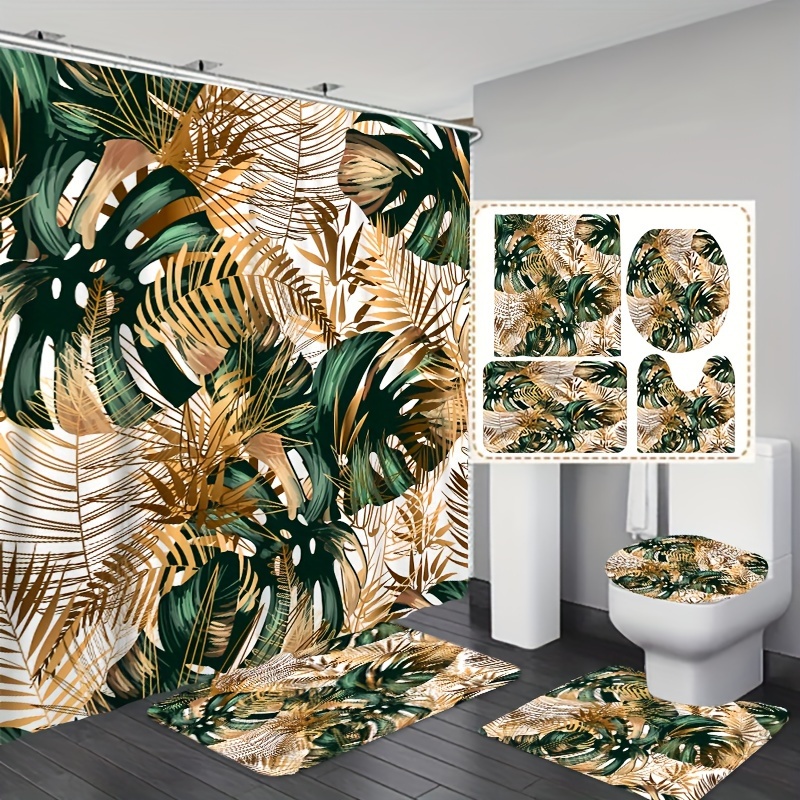 

1/3/4pcs Leaf Print Shower Curtain Set, Waterproof Bathroom Curtain With Free Hooks, Non-slip Rug, Toilet Lid Mat And Bath Mat, Bathroom Accessories