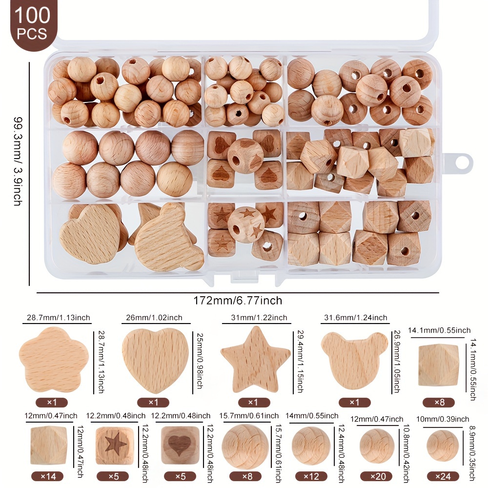 

100 Pcs Wooden Beads Set: Includes Flower, Heart, Pentagram, Square, Hexagonal Shapes, 16mm/14mm/12mm/10mm Diameter, Perfect For Diy Handmade Bracelets & Keychains