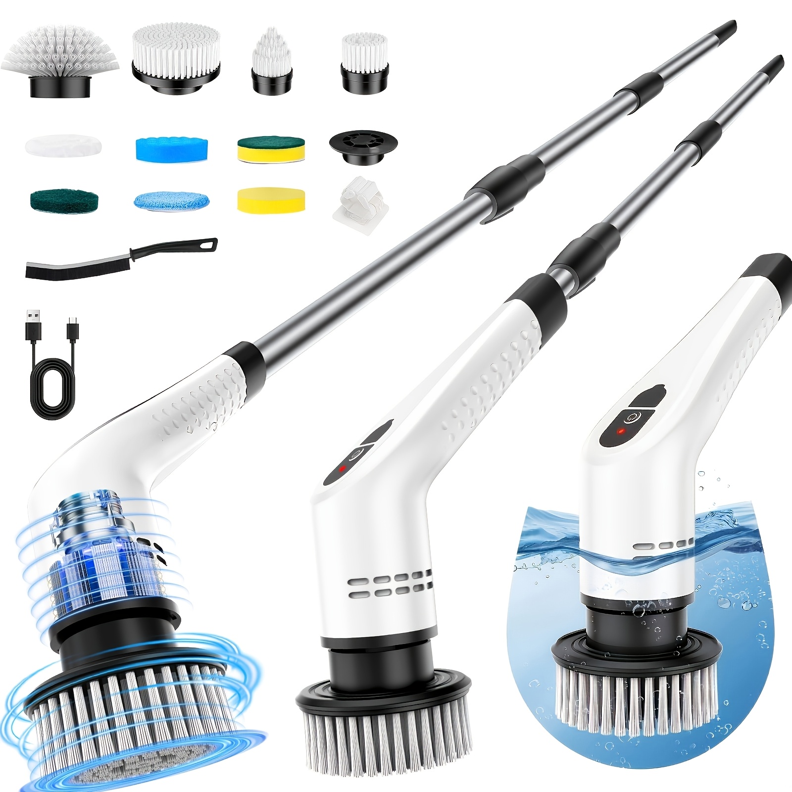 TEMU Brosse rotative électrique NIJ, brosse de nettoyage électrique fil avec manche télescopique, 12 têtes de brosse interchangeables, batterie