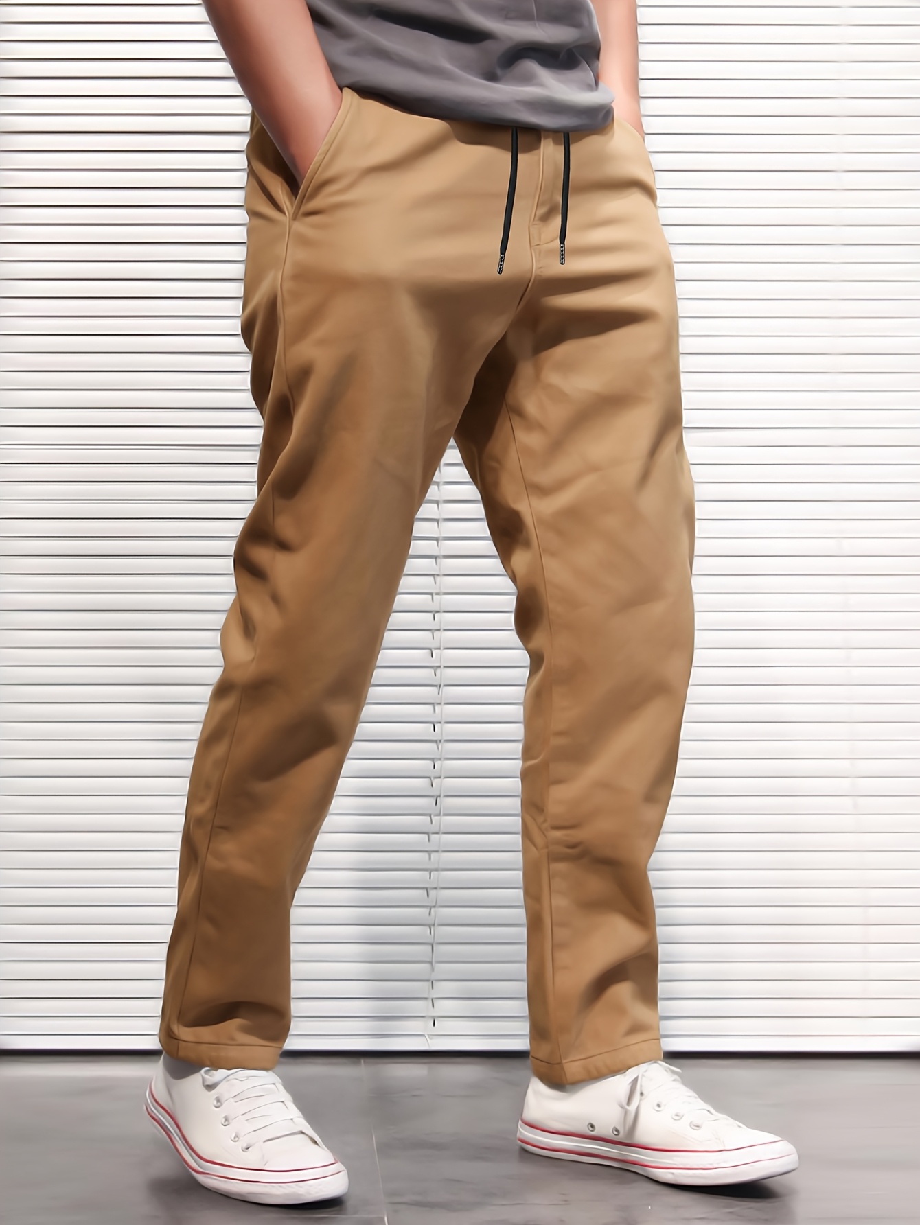 casual mens loose straight leg drawstring pants non stretch solid color belt regular length Product details 4