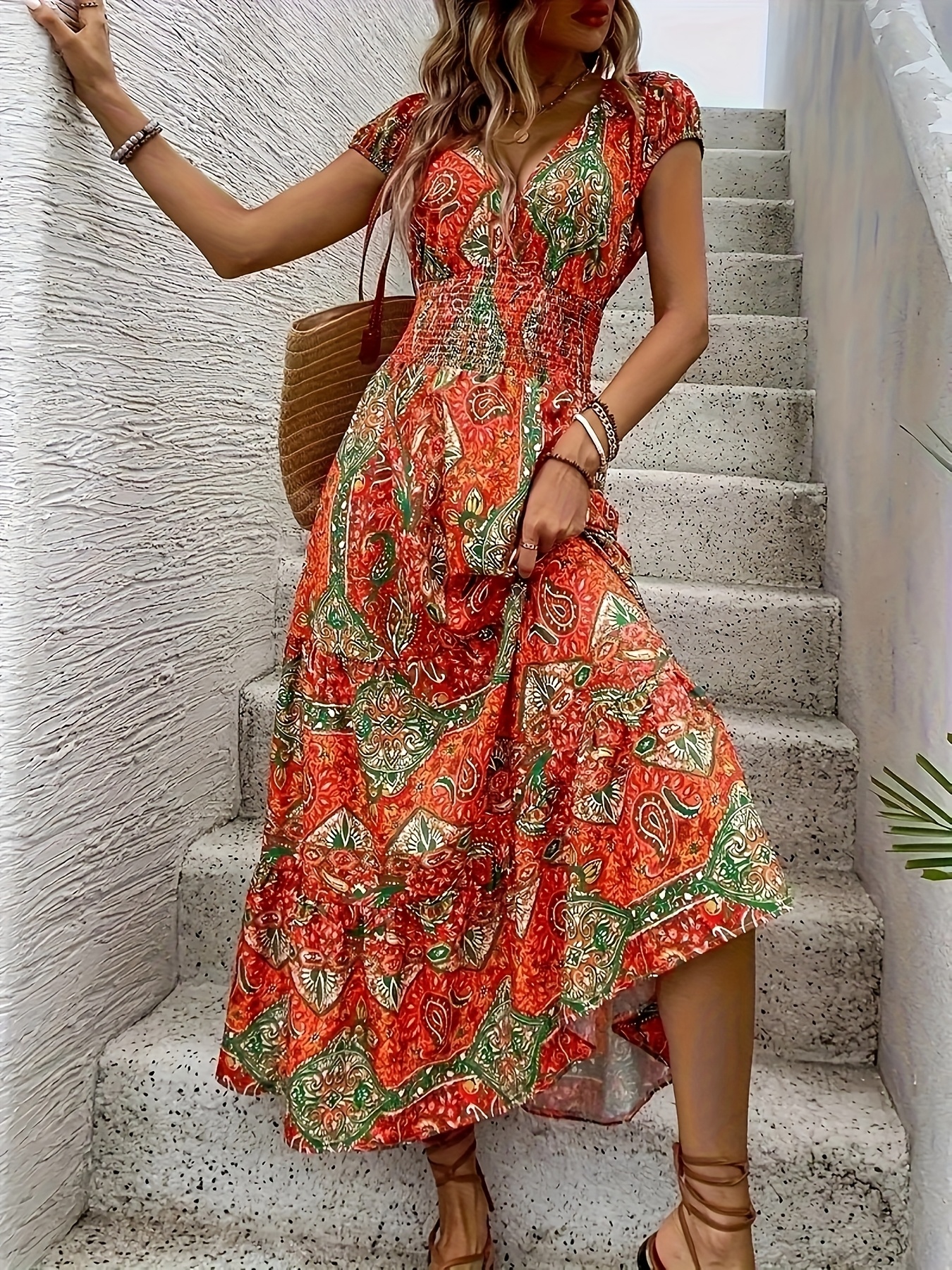 ladies paisley print v neck short sleeve long dress elegant - Temu South  Africa