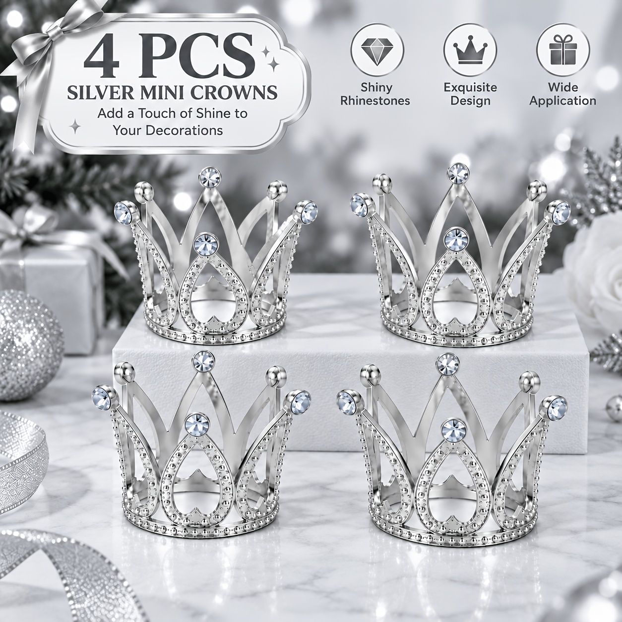 TEMU 4pcs Golden And Silvery Mini Crown Decorative Ornaments, Sparkling Rhinestone Metal Small Crowns For Wine Bottles, Bouquets, Christmas Trees,